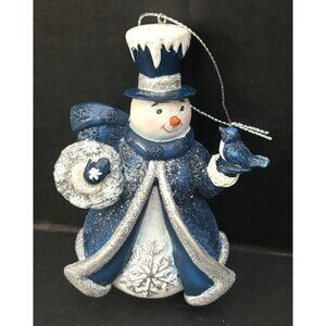 Blue Silver Glitter Snowman Ornament w Bird Snowflakes Design Kurt Adler